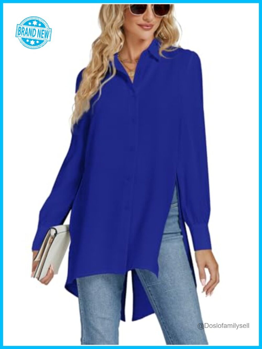 Women's Collared V Neck Button Down Tunic Top Long Sleeve Split Hem